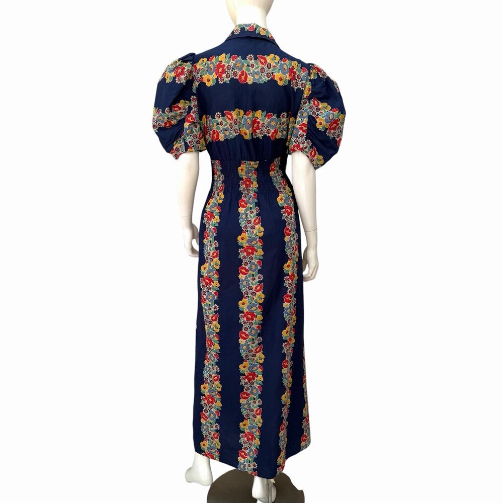VTG 1940’s Extreme Puff Sleeve Maxi Dress Cotton Border Print Dagger Collar, L - Picture 9 of 14
